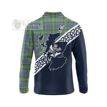 Whitelaw Tartan Long Sleeve Polo Shirt Featuring Thistle and Scotland Map