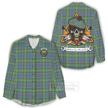 Whitelaw Tartan Women's Casual Shirt with Family Crest and Bearded Skull Holding Bottles of Whiskey