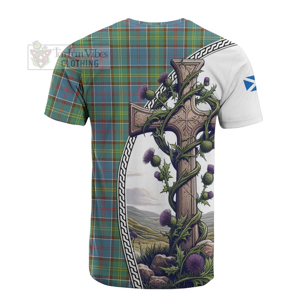 Tartan Vibes Clothing Whitelaw Tartan Cotton T-shirt with Family Crest and St. Andrew's Cross Accented by Thistle Vines