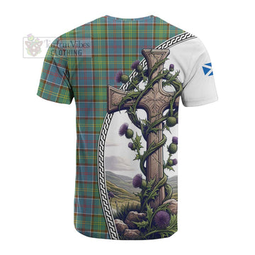 Whitelaw Tartan Cotton T-shirt with Family Crest and St. Andrew's Cross Accented by Thistle Vines