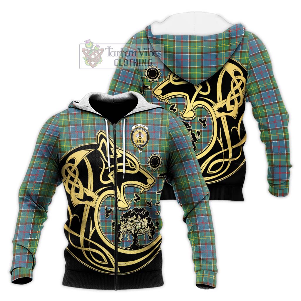 Tartan Vibes Clothing Whitelaw Tartan Knitted Hoodie with Family Crest Celtic Wolf Style