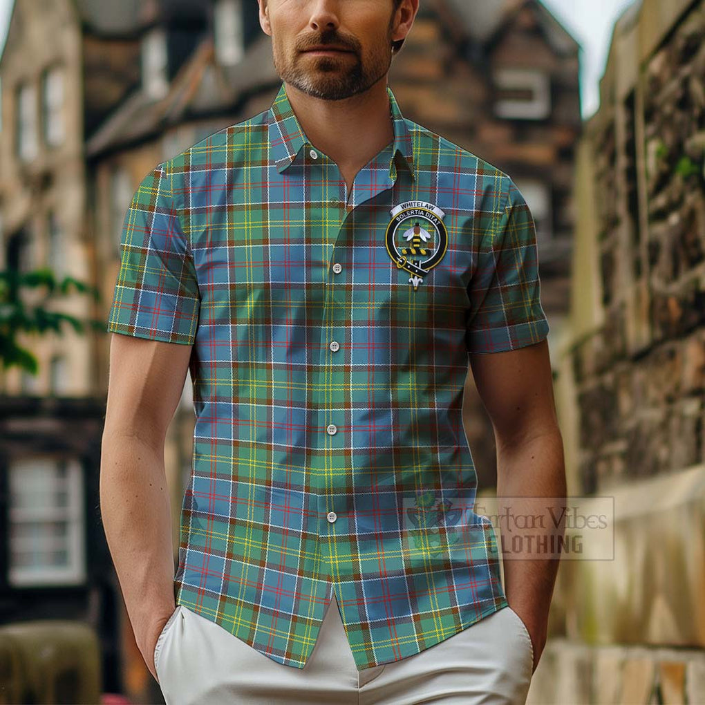 Tartan Vibes Clothing Whitelaw Tartan Short Sleeve Button Shirt with Family Crest Celtic Skull Style