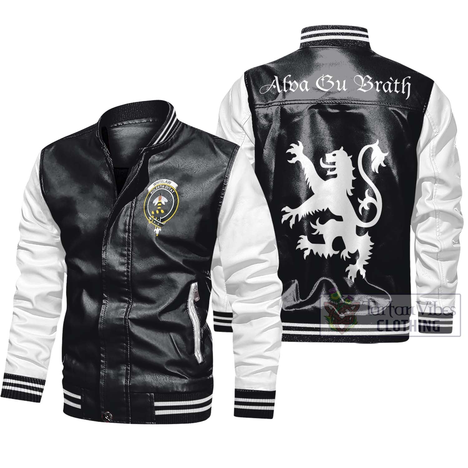 Tartan Vibes Clothing Whitelaw Family Crest Leather Bomber Jacket Lion Rampant Alba Gu Brath Style