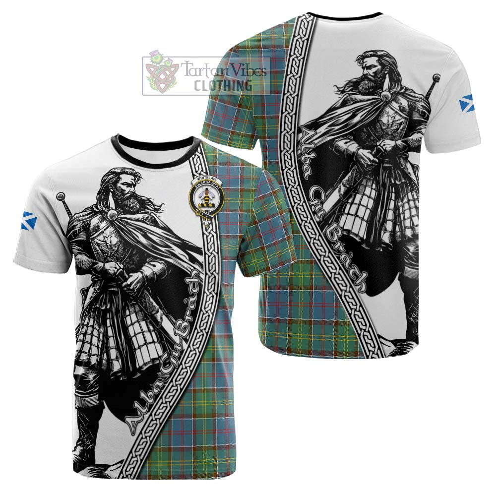 Whitelaw Tartan Clan Crest Cotton T-shirt with Highlander Warrior Celtic Style