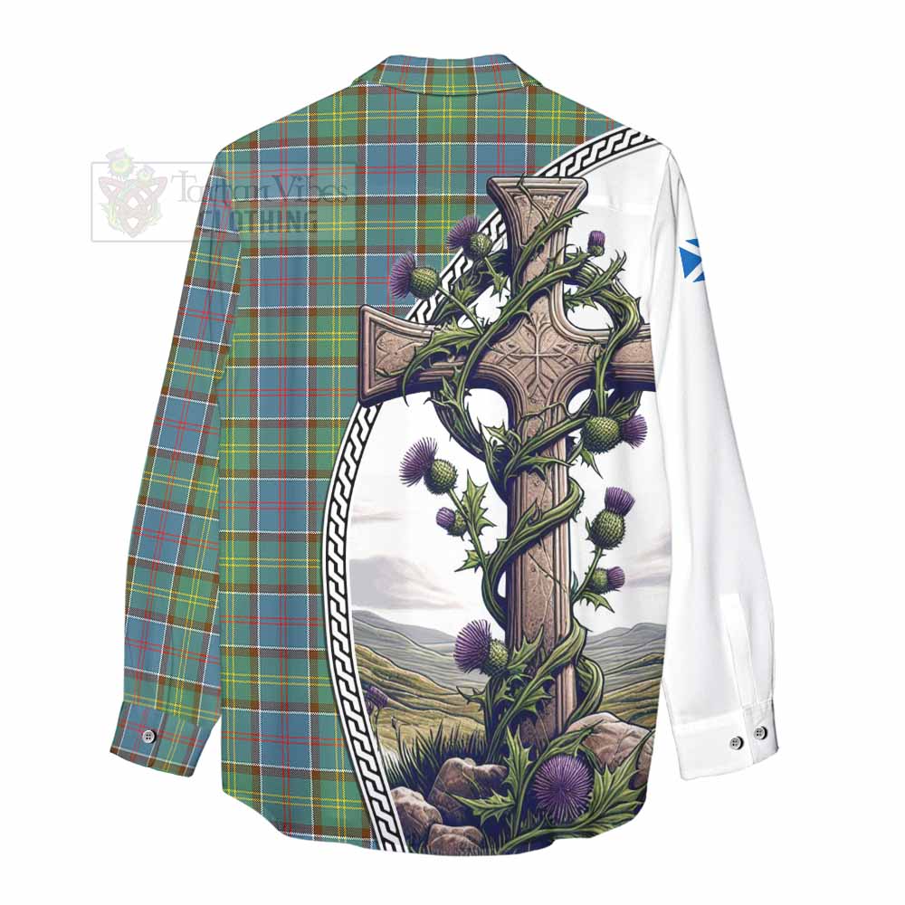 Tartan Vibes Clothing Whitelaw Tartan Women's Casual Shirt with Family Crest and St. Andrew's Cross Accented by Thistle Vines