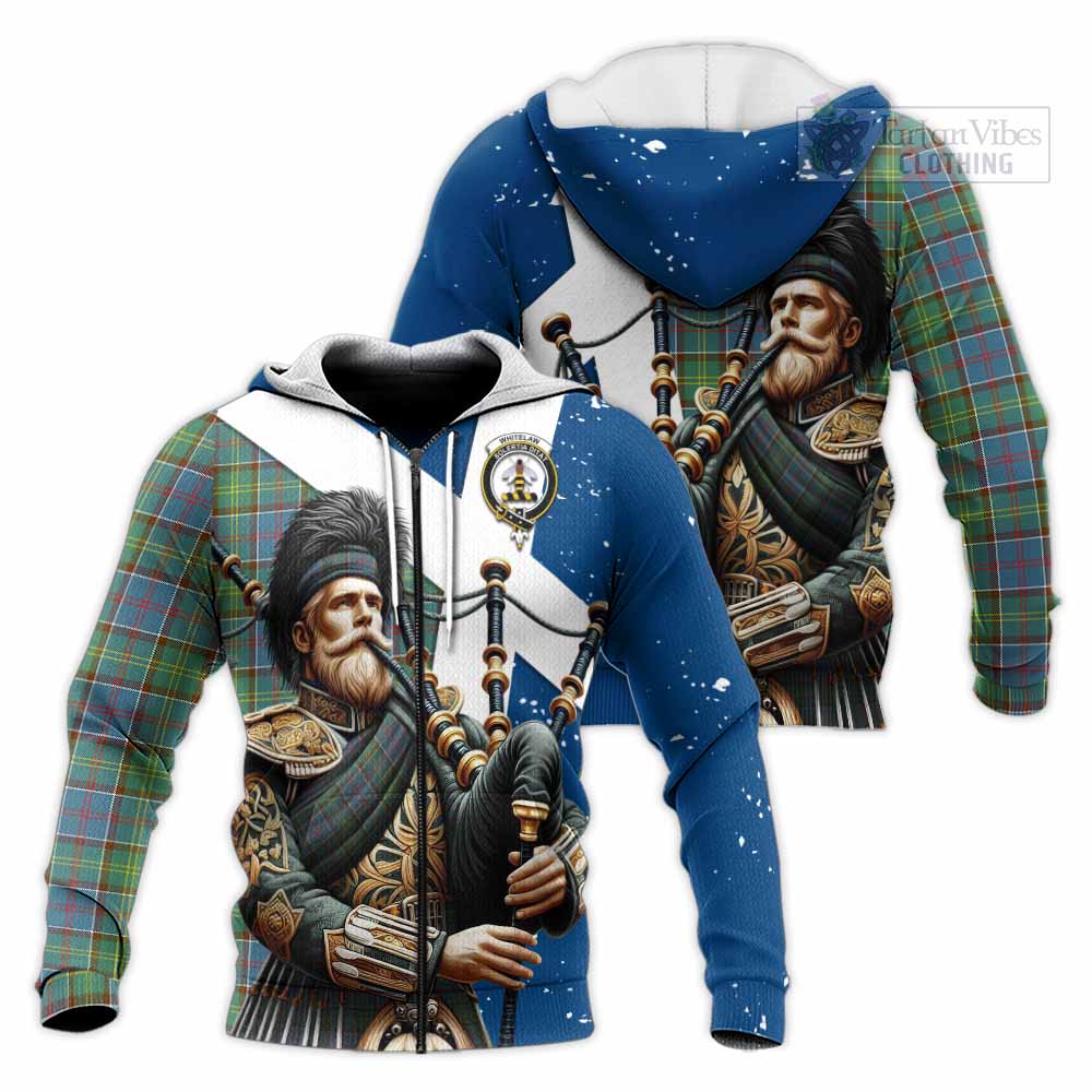 Tartan Vibes Clothing Whitelaw Tartan Knitted Hoodie with Family Crest Scottish Bagpiper Vibes