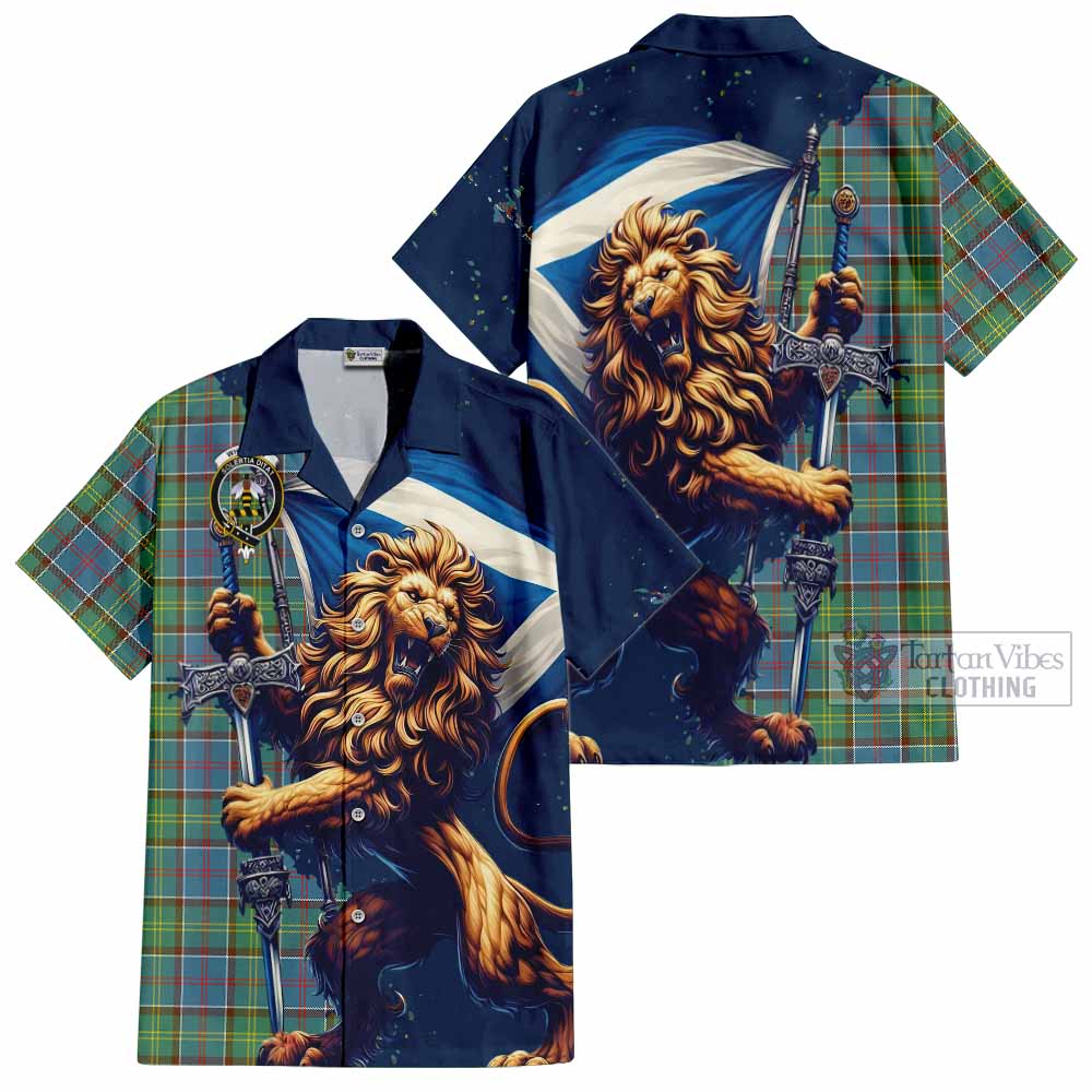 Tartan Vibes Clothing Whitelaw Tartan Family Crest Short Sleeve Button Shirt with Scottish Majestic Lion