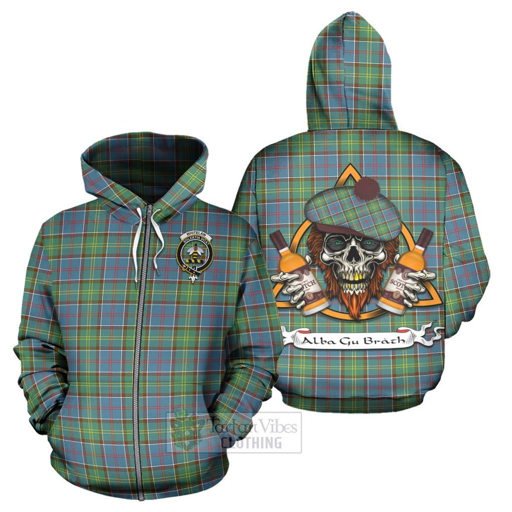 Tartan Vibes Clothing Whitelaw Tartan Hoodie with Family Crest and Bearded Skull Holding Bottles of Whiskey