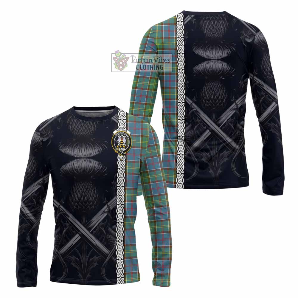 Tartan Vibes Clothing Whitelaw Tartan Long Sleeve T-Shirt with Family Crest Cross Sword Thistle Celtic Vibes