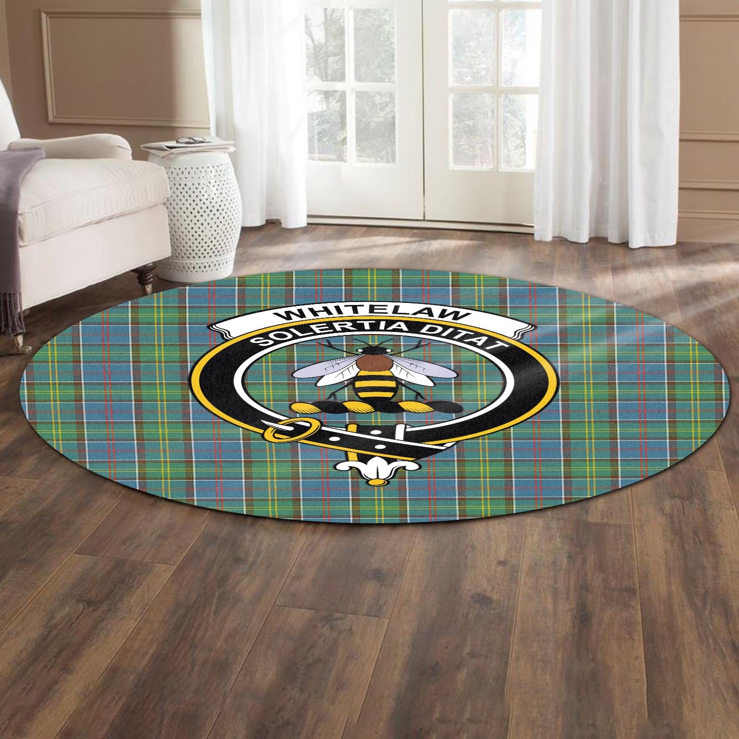 whitelaw-tartan-round-rug-with-family-crest