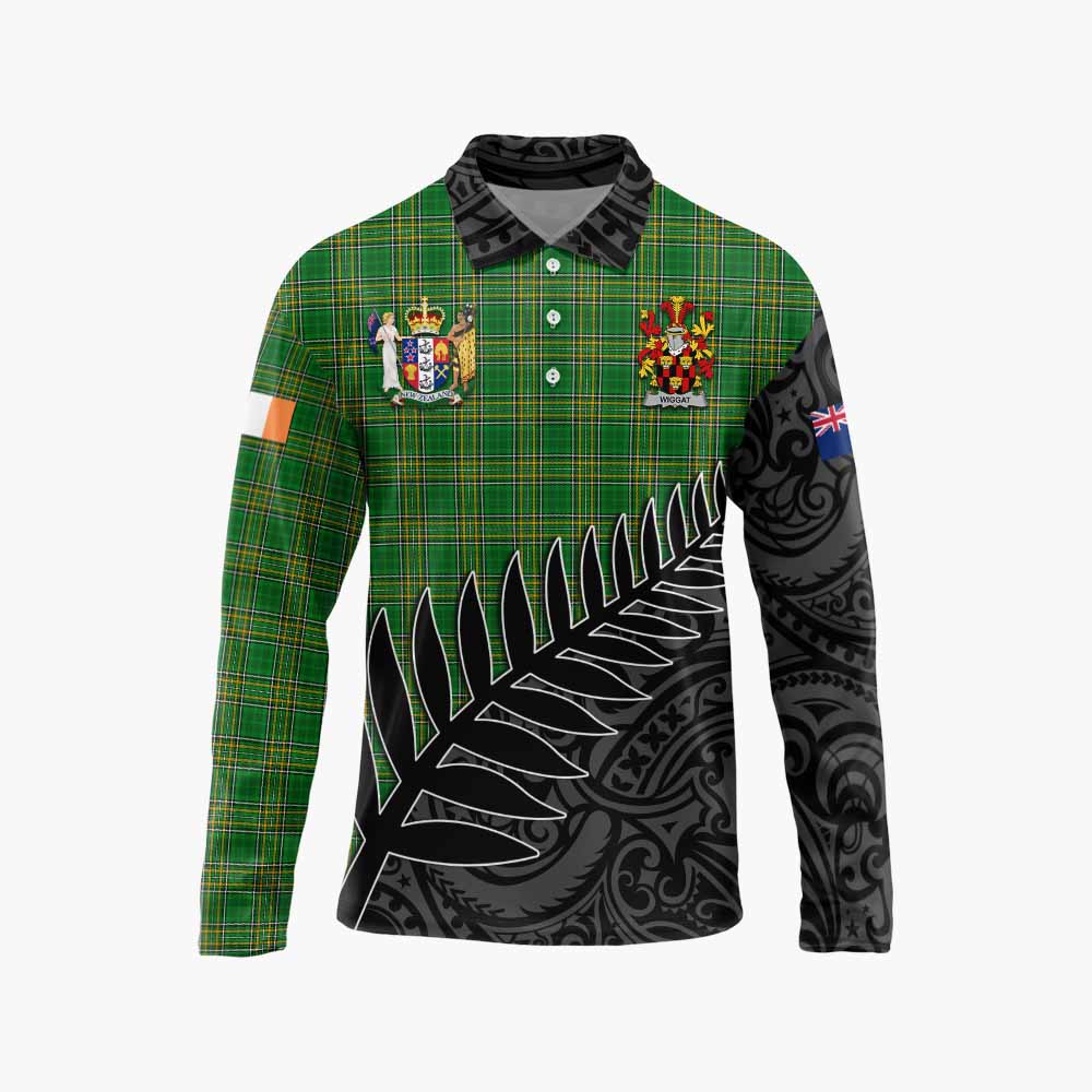 Tartan Vibes Clothing Wiggat Irish Clan Tartan Long Sleeve Polo Shirt with Coat of Arms New Zealand Silver Fern Half Style