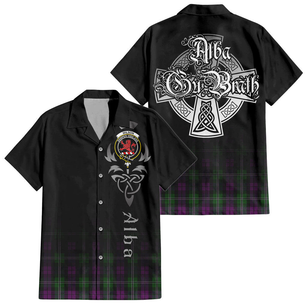 Tartan Vibes Clothing Wilson Tartan Short Sleeve Button Up Featuring Alba Gu Brath Family Crest Celtic Inspired