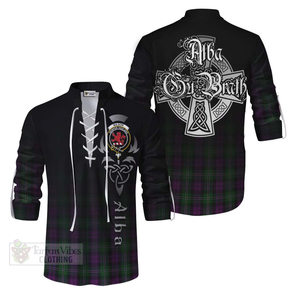 Tartan Vibes Clothing Wilson Tartan Ghillie Kilt Shirt Featuring Alba Gu Brath Family Crest Celtic Inspired