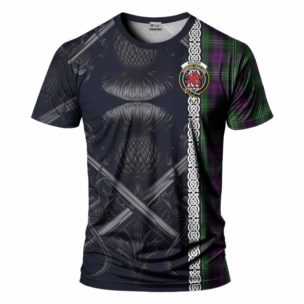 Tartan Vibes Clothing Wilson Tartan T-Shirt with Family Crest Cross Sword Thistle Celtic Vibes