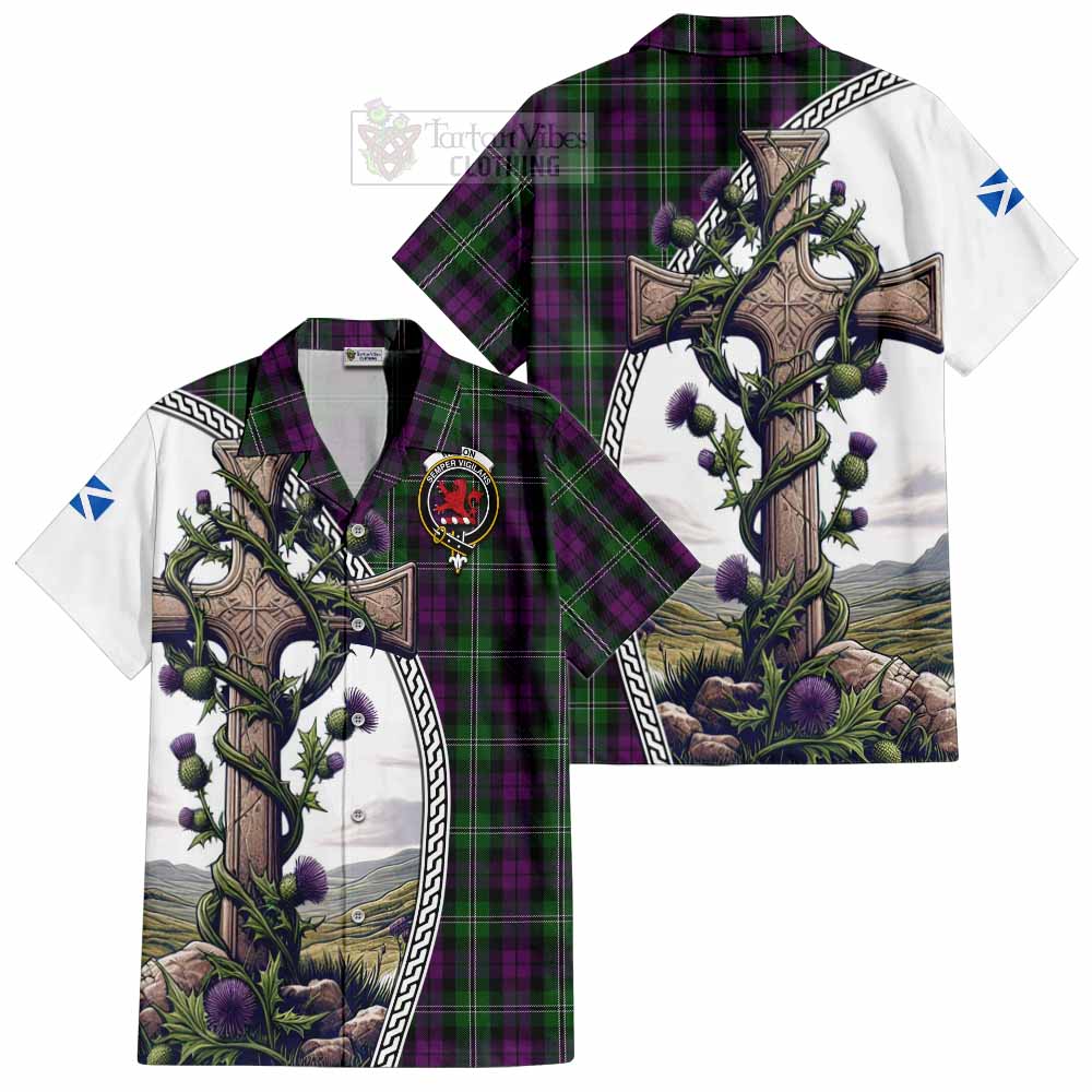 Tartan Vibes Clothing Wilson Tartan Short Sleeve Button Shirt with Family Crest and St. Andrew's Cross Accented by Thistle Vines