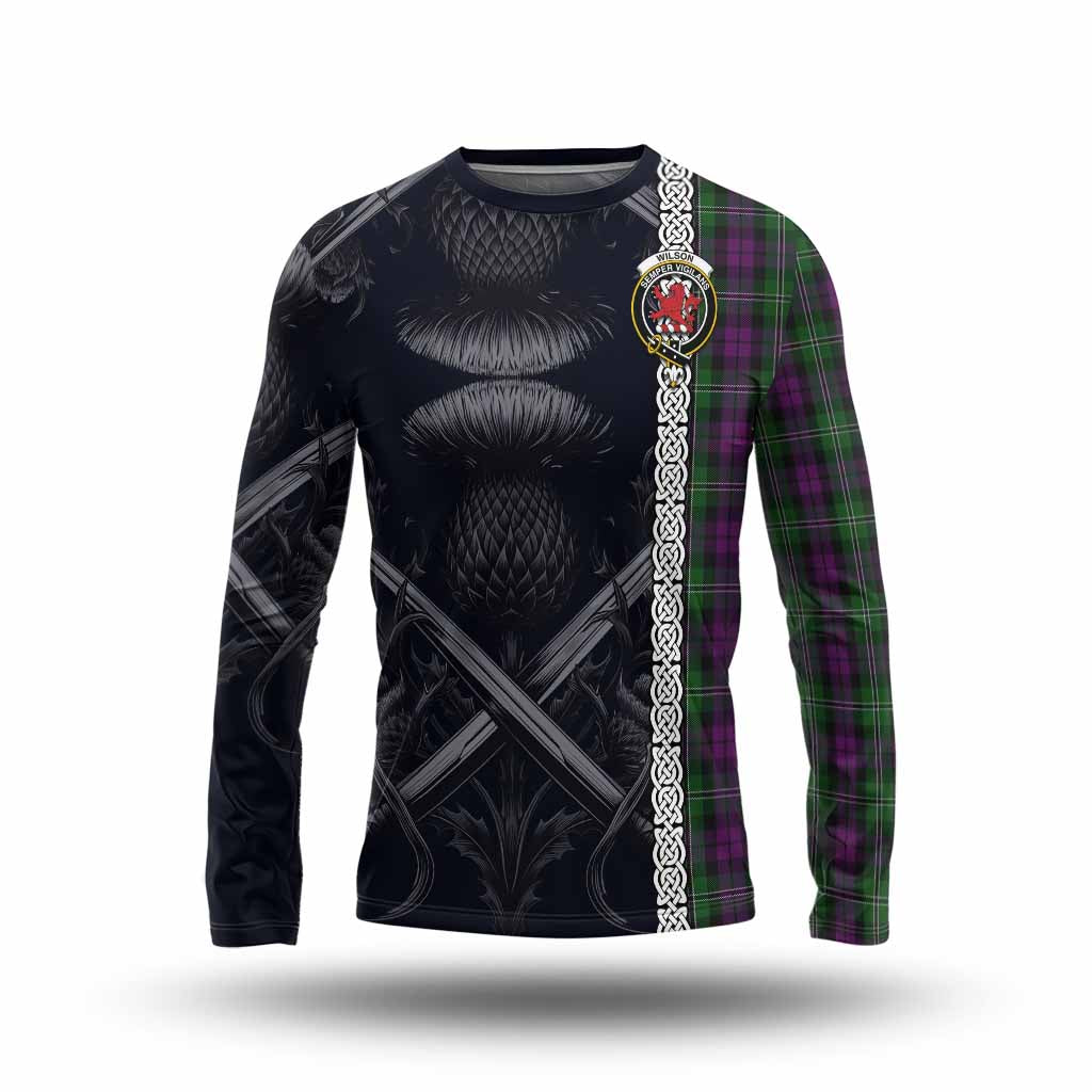 Tartan Vibes Clothing Wilson Tartan Long Sleeve T-Shirt with Family Crest Cross Sword Thistle Celtic Vibes