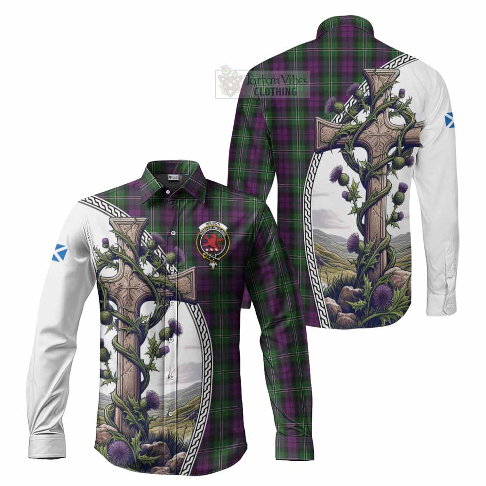 Tartan Vibes Clothing Wilson Tartan Long Sleeve Button Shirt with Family Crest and St. Andrew's Cross Accented by Thistle Vines