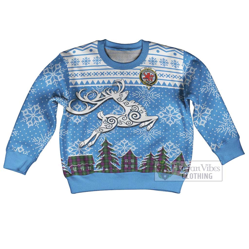 Tartan Vibes Clothing Wilson Clan Christmas Kid Ugly Sweater with Tartan and Celtic Raindeer Style