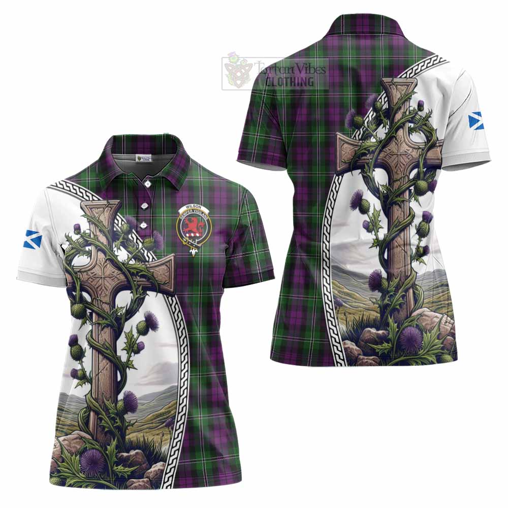 Tartan Vibes Clothing Wilson Tartan Women's Polo Shirt with Family Crest and St. Andrew's Cross Accented by Thistle Vines