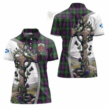 Wilson Tartan Women's Polo Shirt with Family Crest and St. Andrew's Cross Accented by Thistle Vines