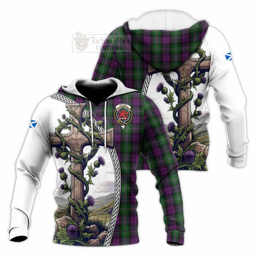 Wilson Tartan Knitted Hoodie with Family Crest and St. Andrew's Cross Accented by Thistle Vines