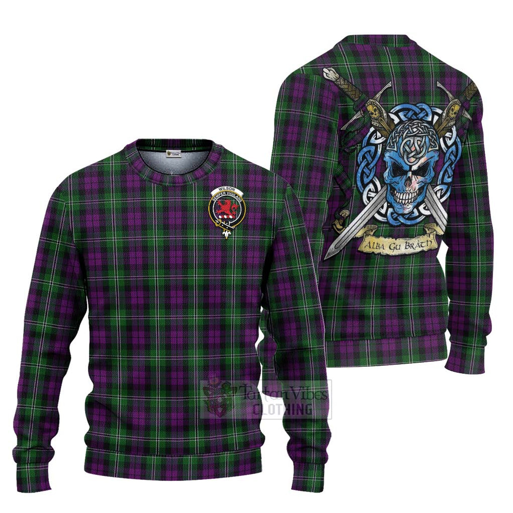 Tartan Vibes Clothing Wilson Tartan Knitted Sweater with Family Crest Celtic Skull Style