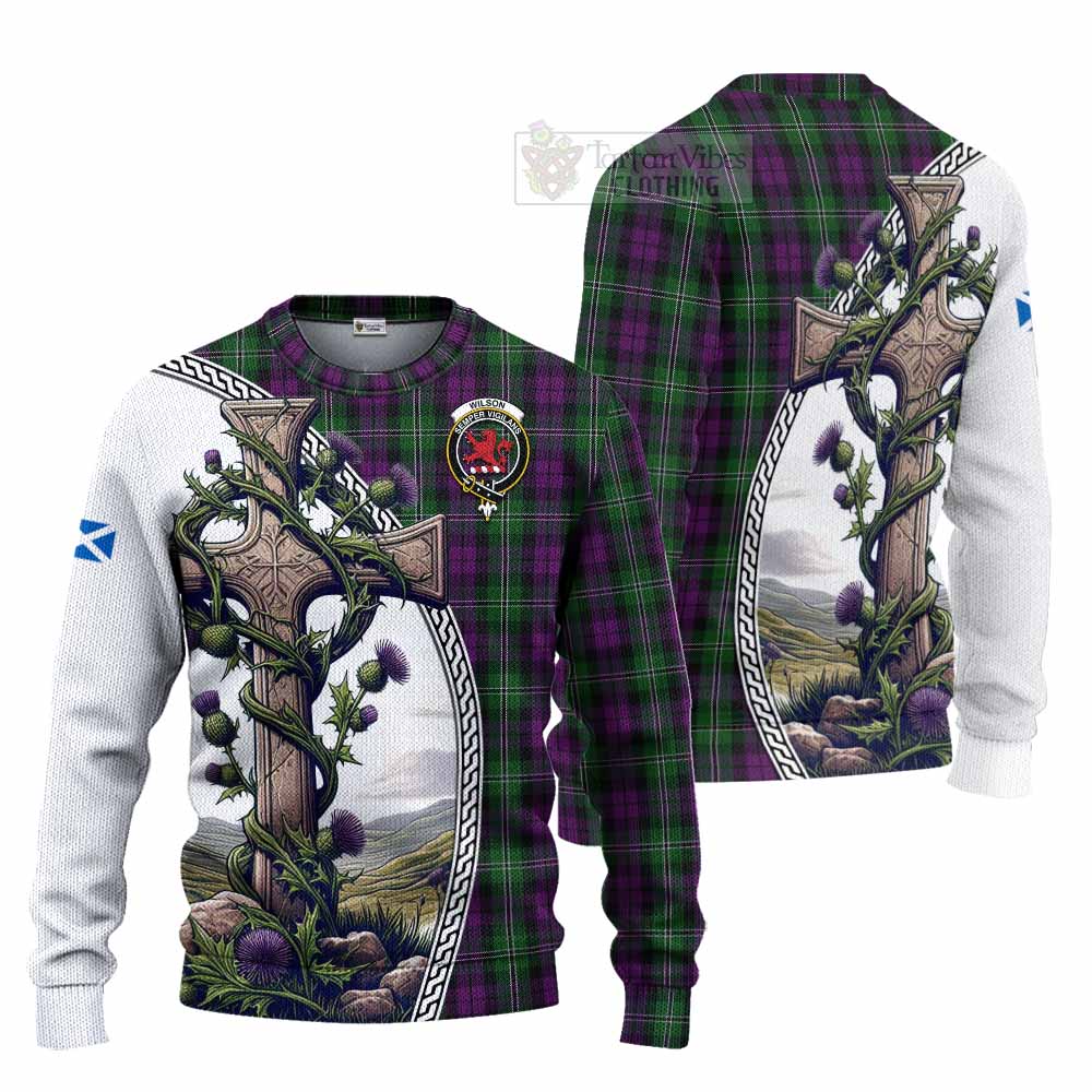 Tartan Vibes Clothing Wilson Tartan Knitted Sweater with Family Crest and St. Andrew's Cross Accented by Thistle Vines