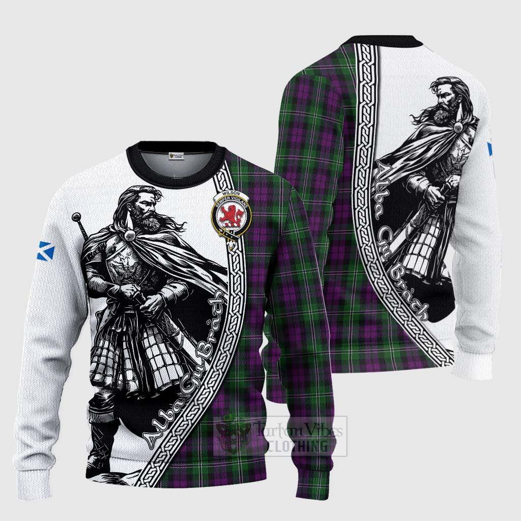 Tartan Vibes Clothing Wilson Tartan Clan Crest Knitted Sweater with Highlander Warrior Celtic Style