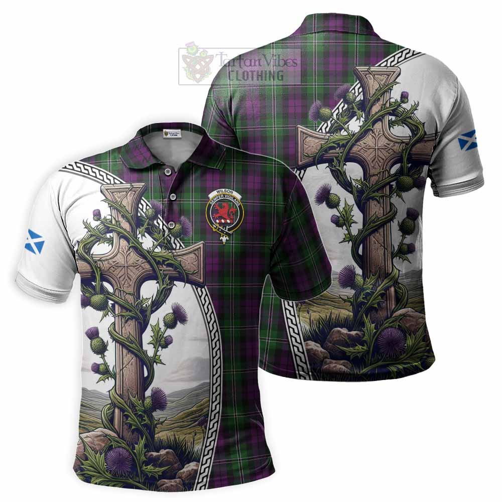 Tartan Vibes Clothing Wilson Tartan Polo Shirt with Family Crest and St. Andrew's Cross Accented by Thistle Vines