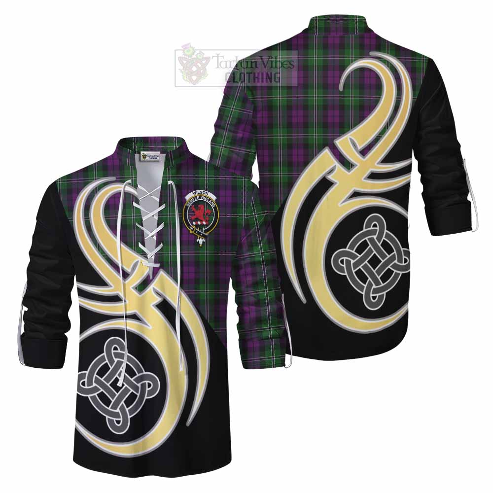 Tartan Vibes Clothing Wilson Tartan Ghillie Kilt Shirt with Family Crest and Celtic Symbol Style