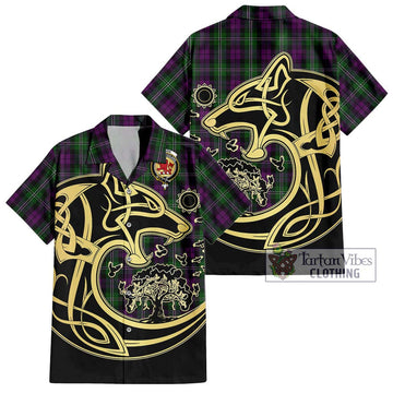 Wilson Tartan Short Sleeve Button Shirt with Family Crest Celtic Wolf Style