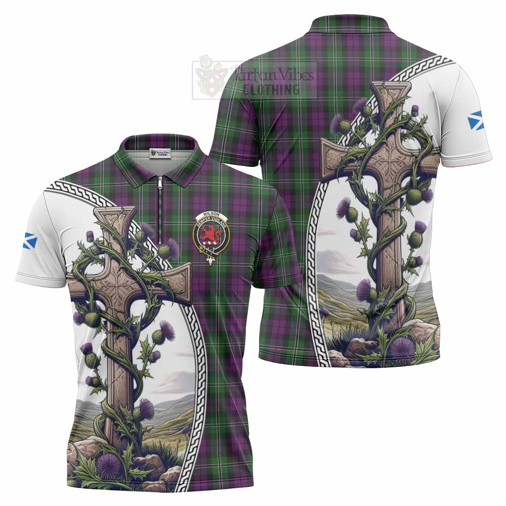 Tartan Vibes Clothing Wilson Tartan Zipper Polo Shirt with Family Crest and St. Andrew's Cross Accented by Thistle Vines