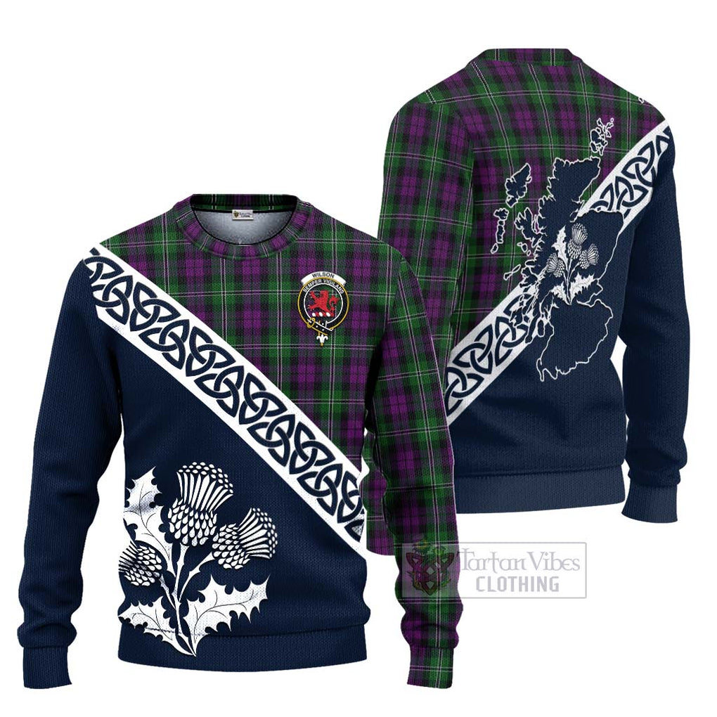 Tartan Vibes Clothing Wilson Tartan Knitted Sweater Featuring Thistle and Scotland Map