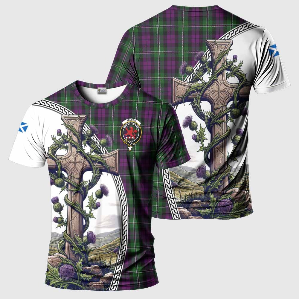 Tartan Vibes Clothing Wilson Agnew Tartan T-Shirt with Family Crest and St. Andrew's Cross Accented by Thistle Vines