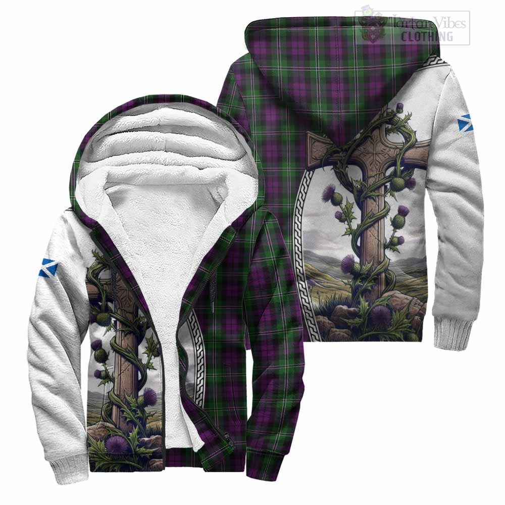 Tartan Vibes Clothing Wilson Tartan Sherpa Hoodie with Family Crest and St. Andrew's Cross Accented by Thistle Vines