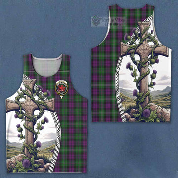 Wilson Tartan Men's Tank Top with Family Crest and St. Andrew's Cross Accented by Thistle Vines