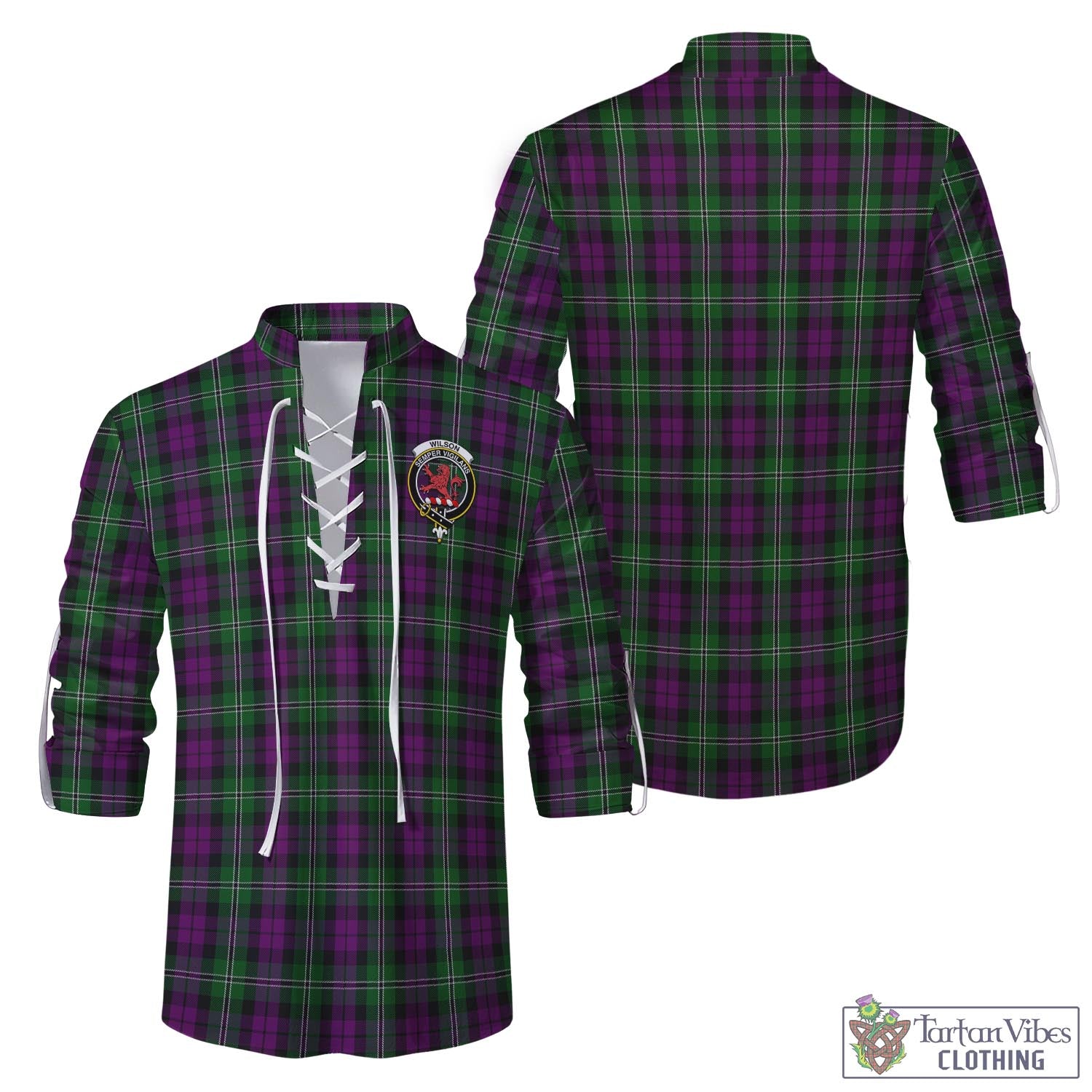 Tartan Vibes Clothing Wilson Tartan Men's Scottish Traditional Jacobite Ghillie Kilt Shirt with Family Crest