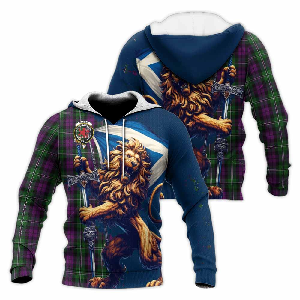 Tartan Vibes Clothing Wilson Tartan Family Crest Knitted Hoodie with Scottish Majestic Lion