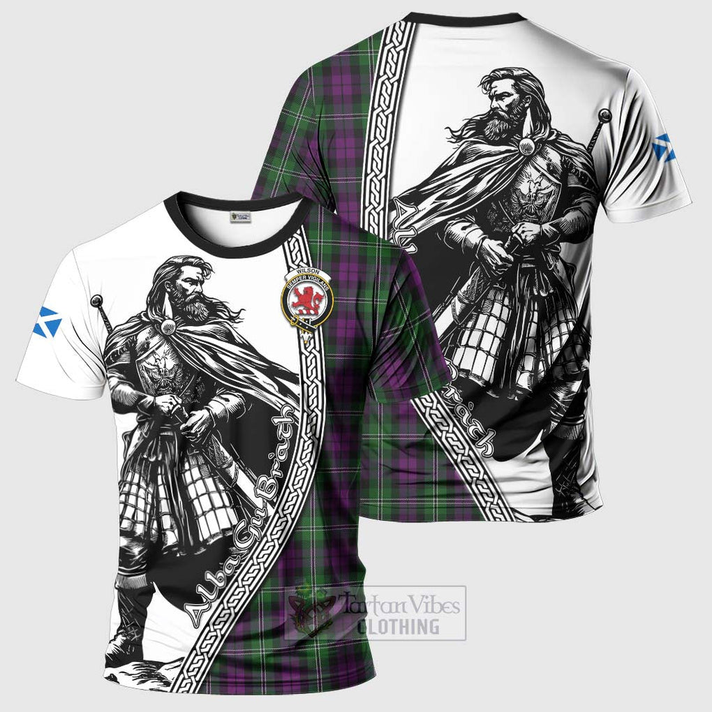 Tartan Vibes Clothing Wilson Tartan Clan Crest T-Shirt with Highlander Warrior Celtic Style