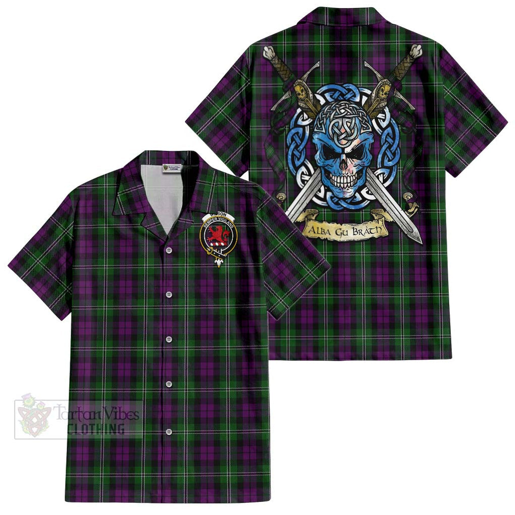 Tartan Vibes Clothing Wilson Tartan Short Sleeve Button Shirt with Family Crest Celtic Skull Style