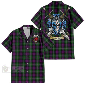 Wilson Tartan Short Sleeve Button Shirt with Family Crest Celtic Skull Style