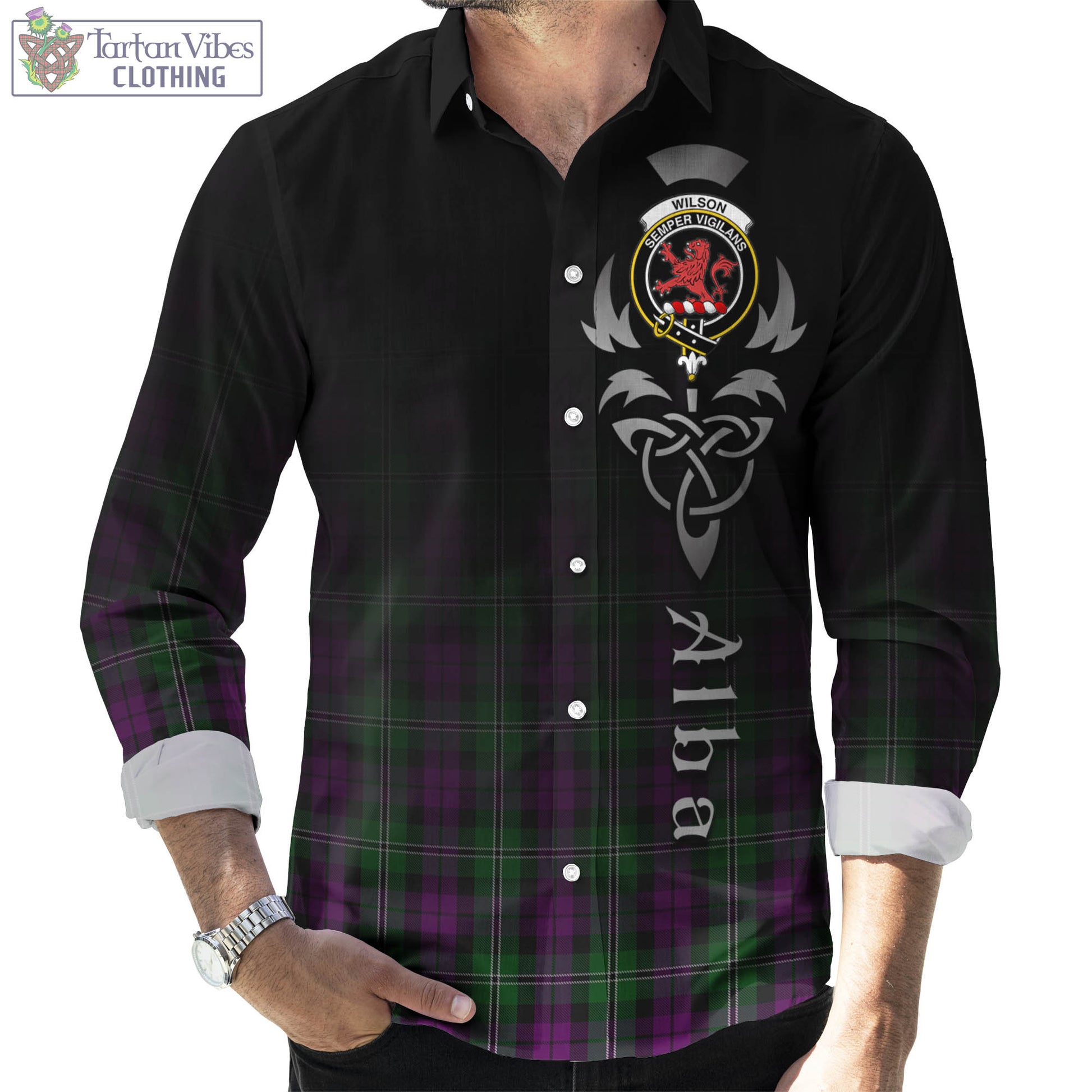 Tartan Vibes Clothing Wilson Tartan Long Sleeve Button Up Featuring Alba Gu Brath Family Crest Celtic Inspired