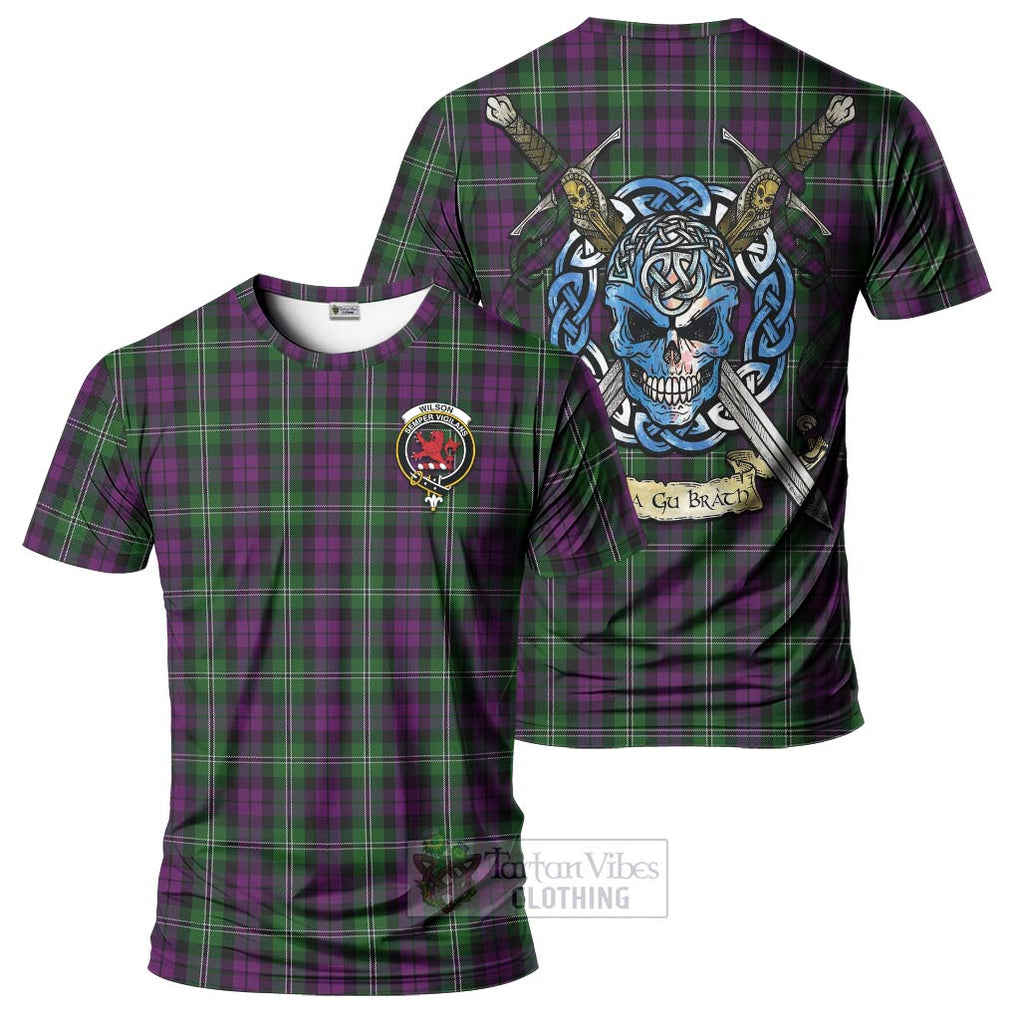 Tartan Vibes Clothing Wilson Tartan T-Shirt with Family Crest Celtic Skull Style