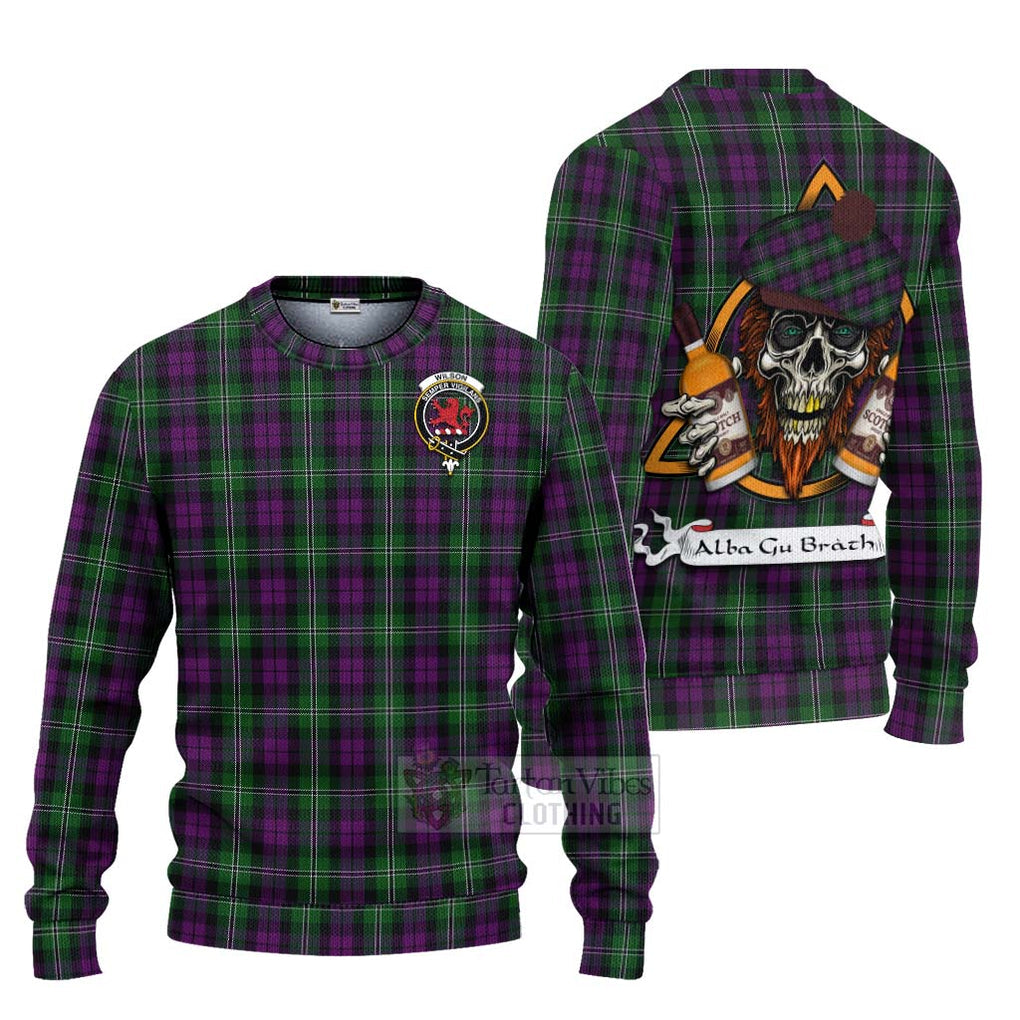 Tartan Vibes Clothing Wilson Tartan Knitted Sweater with Family Crest and Bearded Skull Holding Bottles of Whiskey