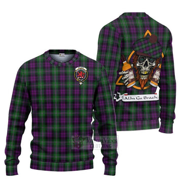 Wilson Tartan Ugly Sweater with Family Crest and Bearded Skull Holding Bottles of Whiskey