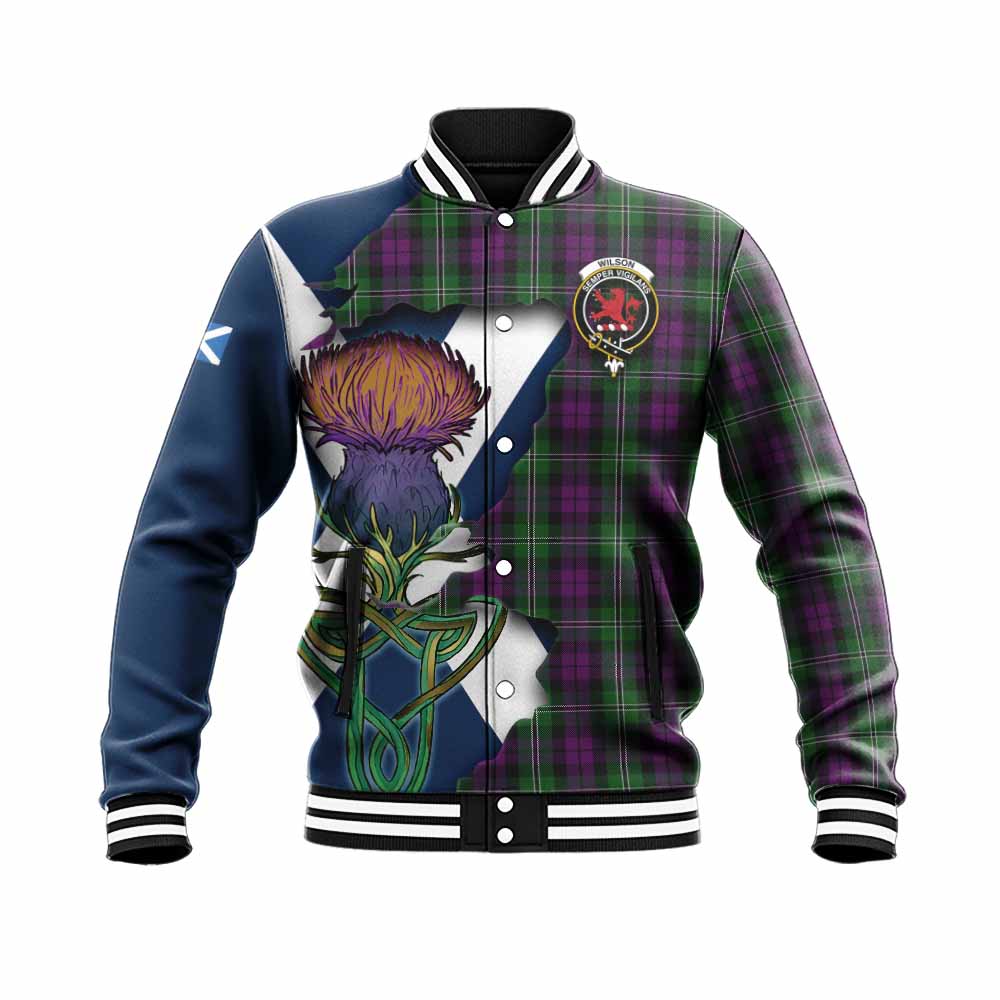 Wilson Tartan Family Crest Baseball Jacket Scottish Thistle Celtic Inspired Unisex - Tartan Vibes Clothing