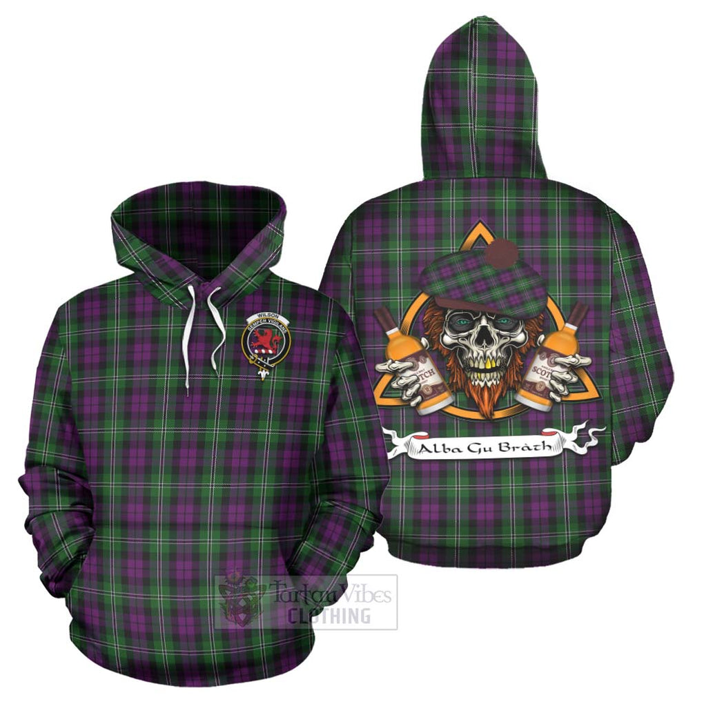 Tartan Vibes Clothing Wilson Tartan Hoodie with Family Crest and Bearded Skull Holding Bottles of Whiskey