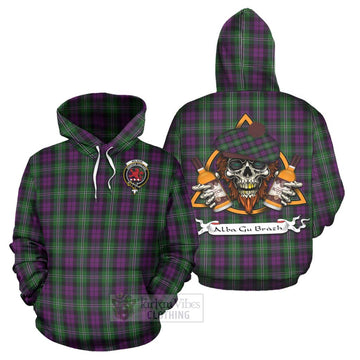 Wilson Tartan Hoodie with Family Crest and Bearded Skull Holding Bottles of Whiskey