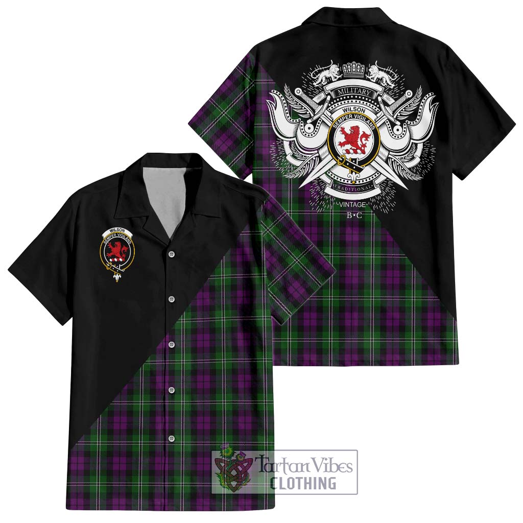 Tartan Vibes Clothing Wilson Tartan Short Sleeve Button Shirt with Family Crest and Military Logo Style