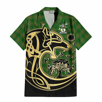 Wilson Irish Tartan Short Sleeve Button Shirt with Coat of Arms Celtic Wolf Style